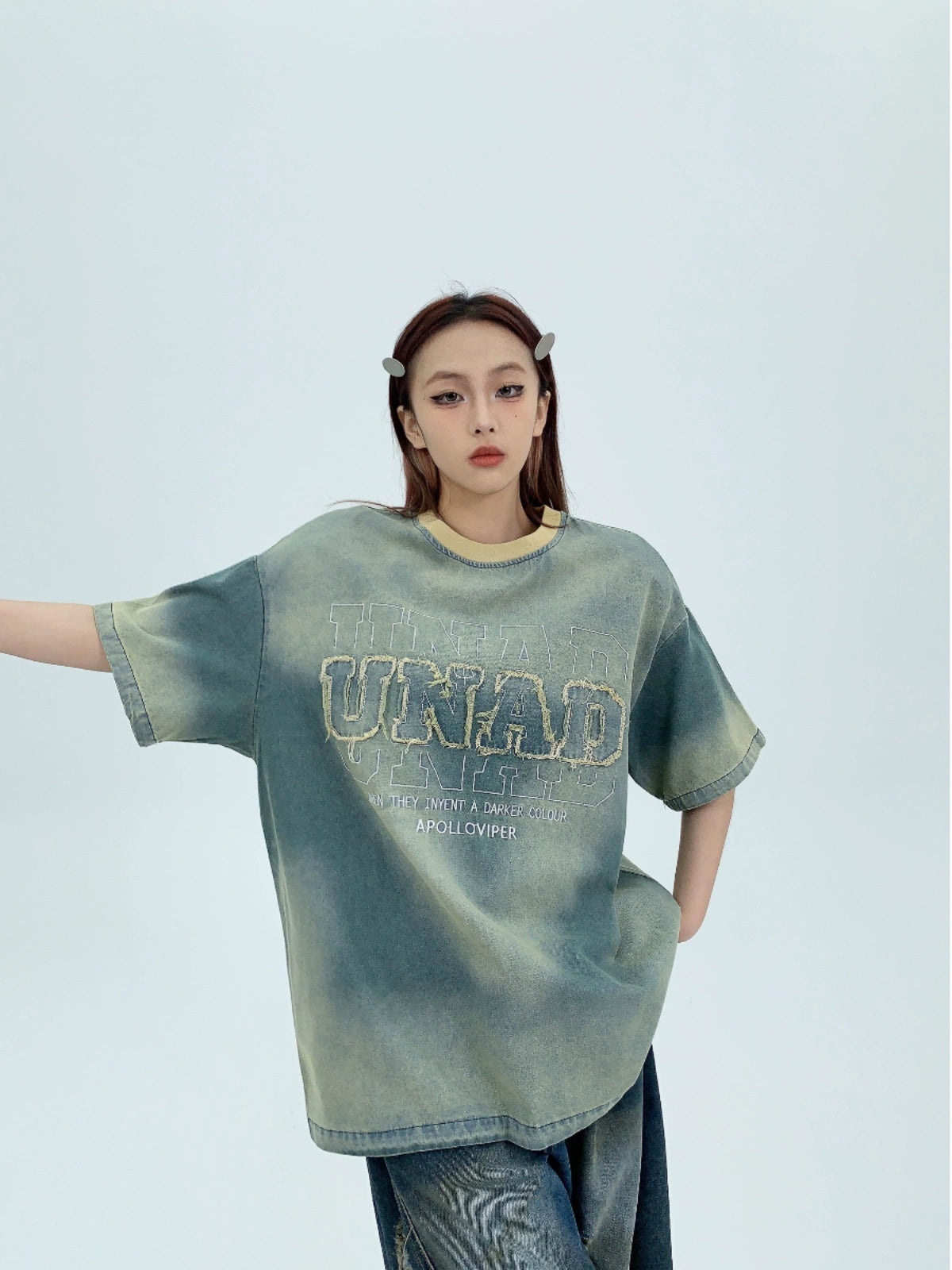 Patch Embroidery Oversized Denim Short Sleeve T-Shirt NA2869