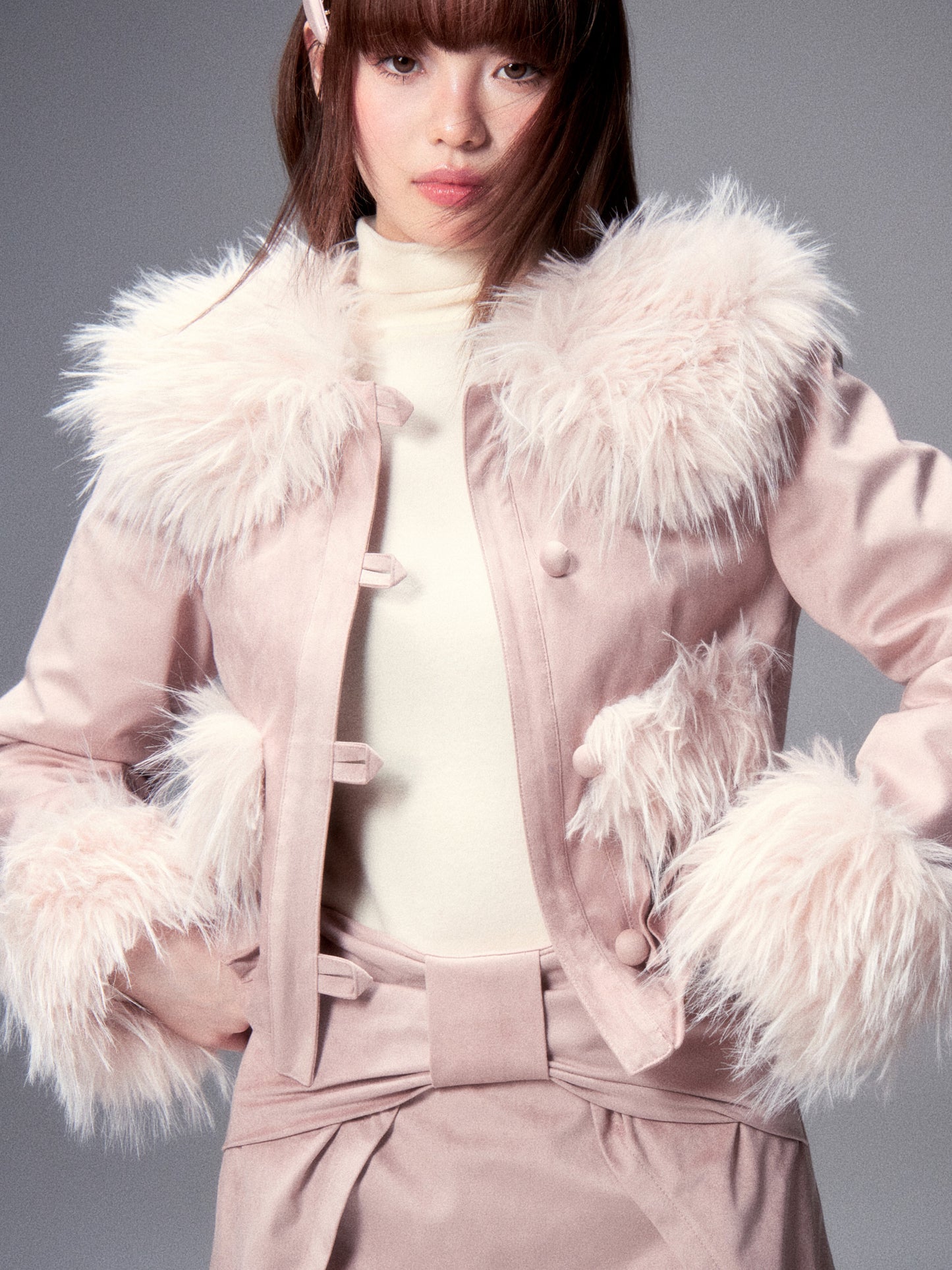 Fur Collar Bow Jacket & Bow Suede Skirt Setup NA8800