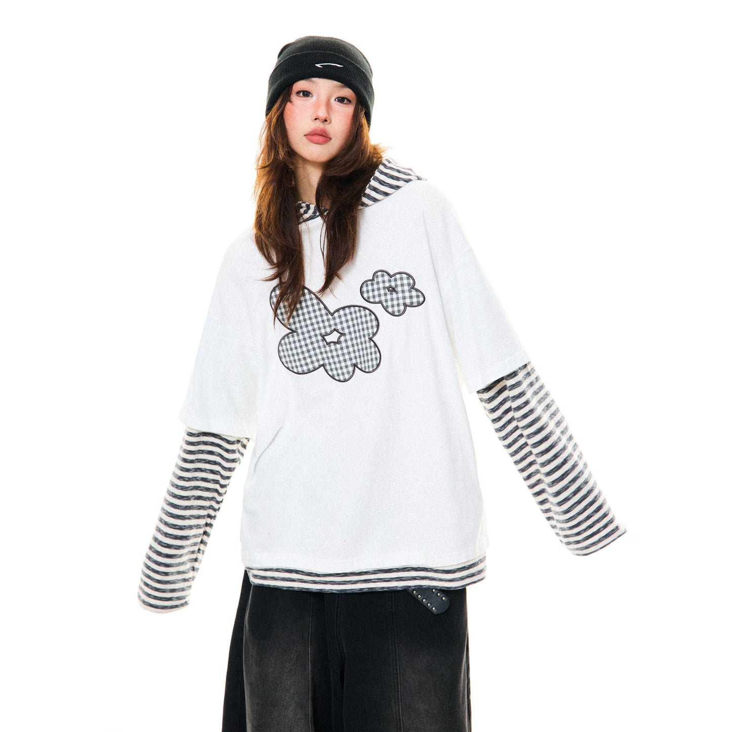 Flower Graphic Layered-Look Hoodie NA9407