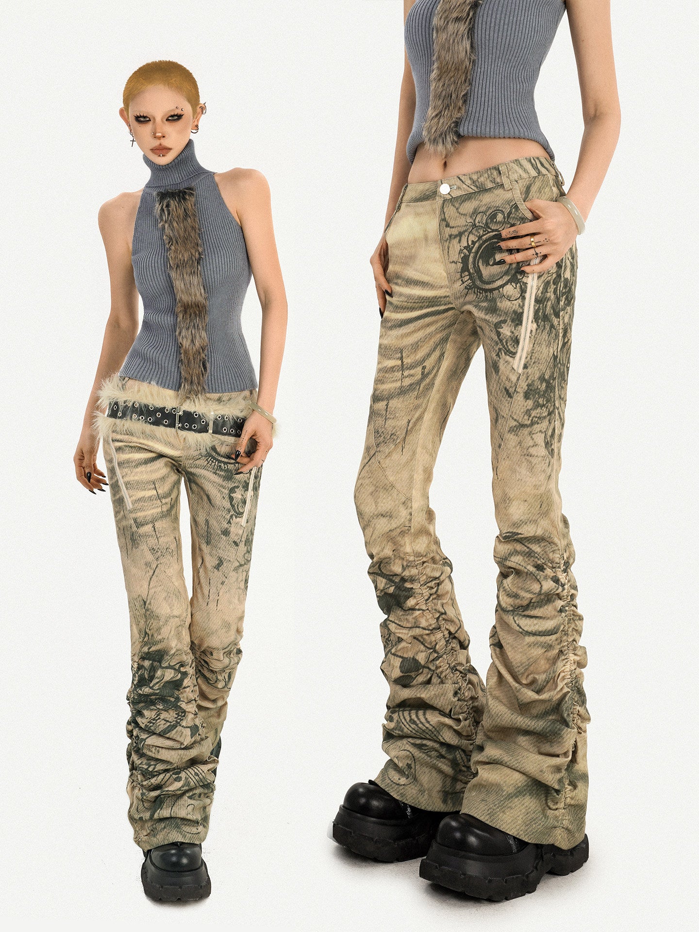 Ink Print Low Rise Stacked Flare Denim Jeans NA8585