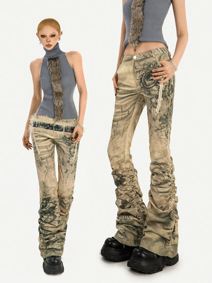 Ink Print Low Rise Stacked Flare Denim Jeans NA8585