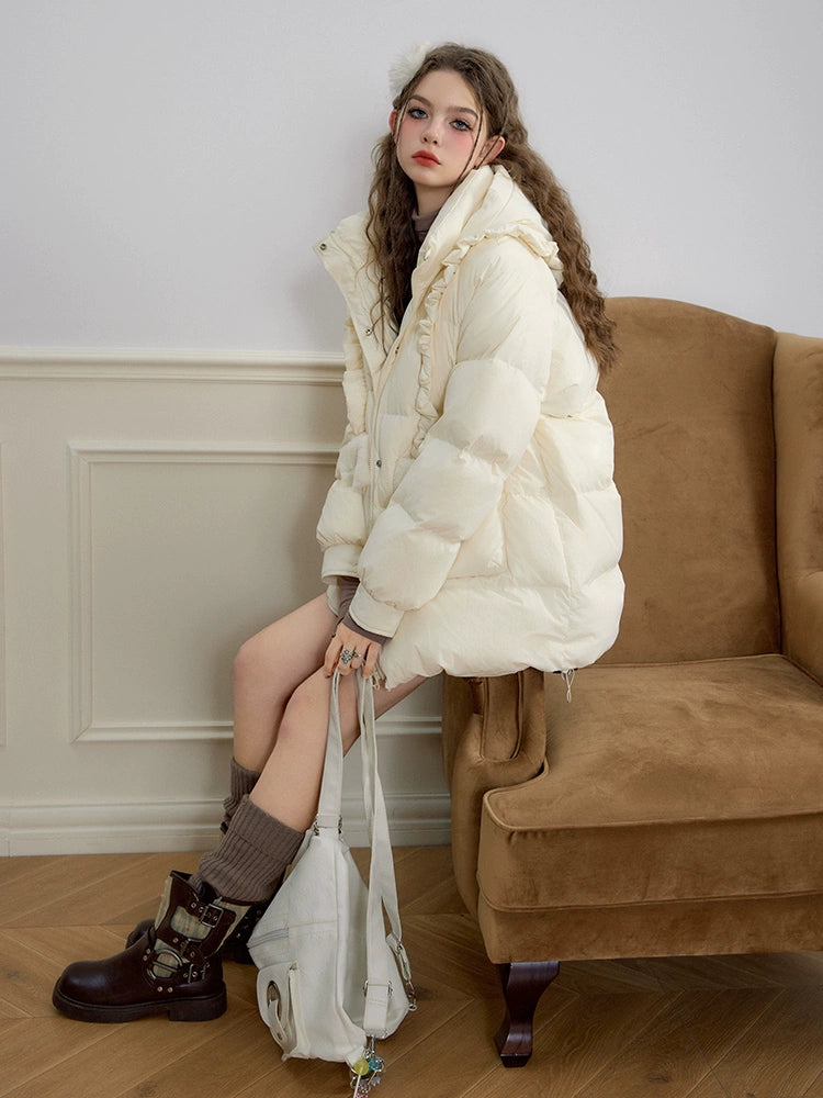 Ruffle-Trimmed White Duck Down Jacket NA6948