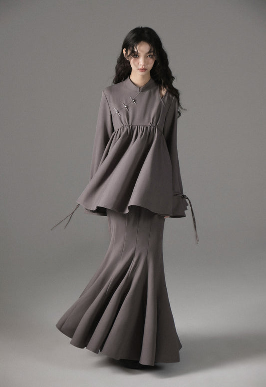 Ruffle Long Sleeve Shirt & Fishtail Long Skirt Setup NA5605