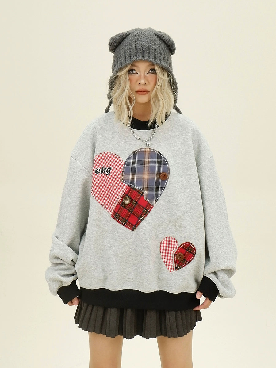 Plaid Heart Design Round Neck Sweatshirt NA6361