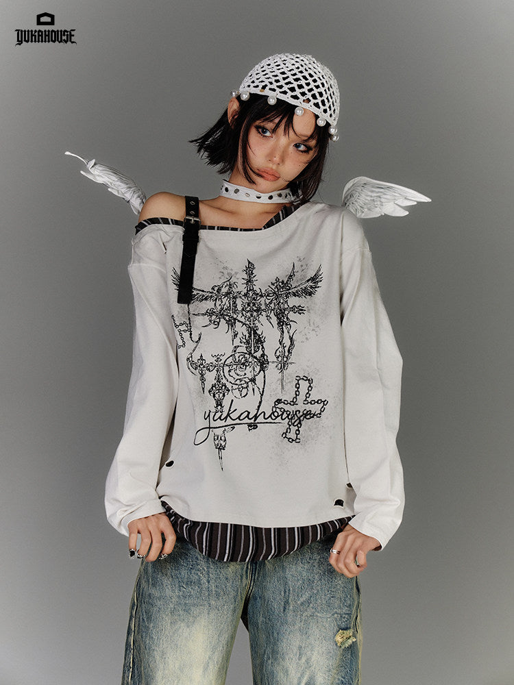 Off-Shoulder Asymmetrical Punk Long Sleeve T-Shirt NA8897