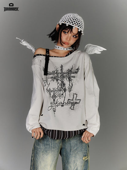 Off-Shoulder Asymmetrical Punk Long Sleeve T-Shirt NA8897