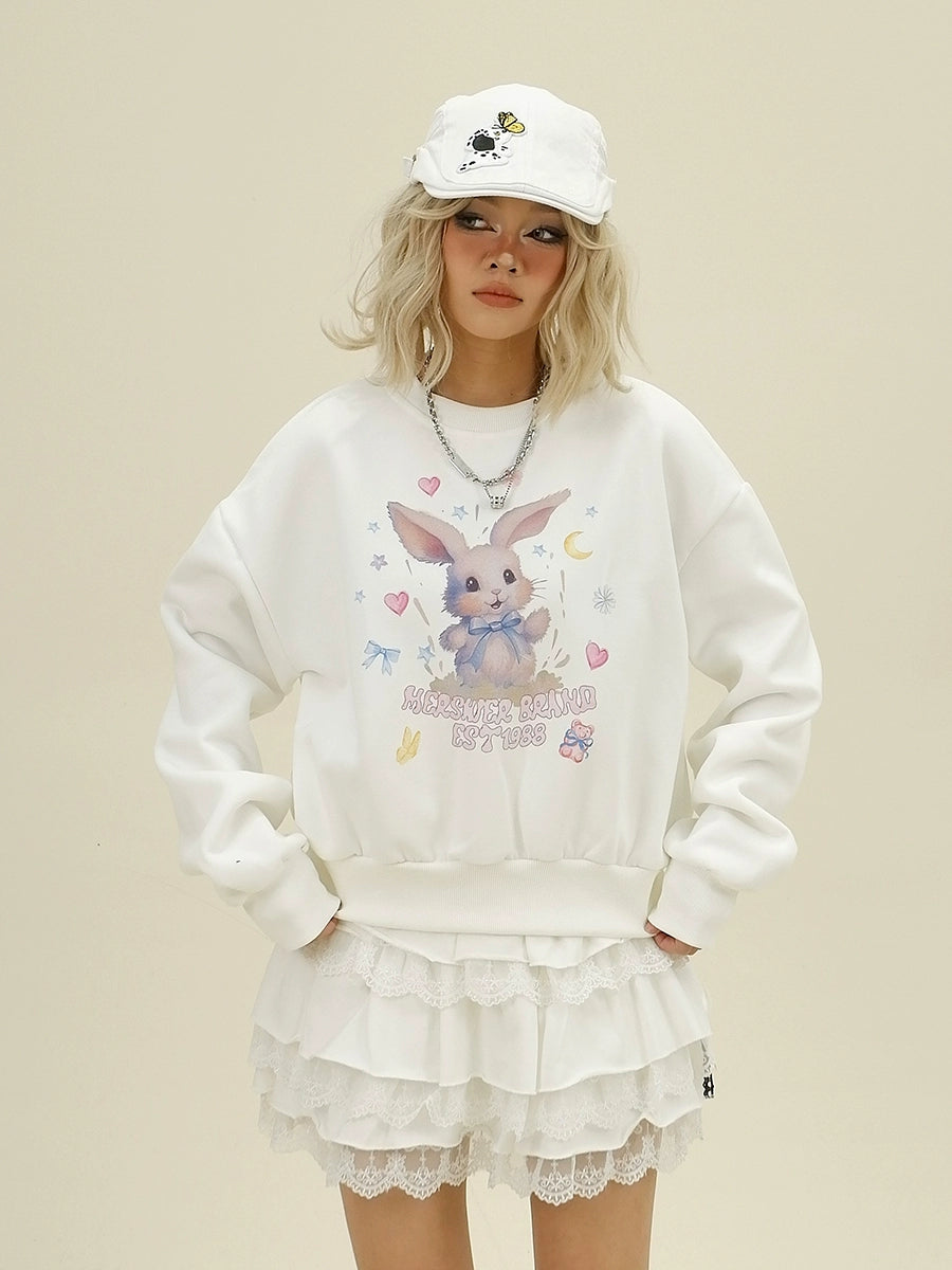 Cartoon Rabbit Print Round Neck Oversize Sweatshirt NA6337