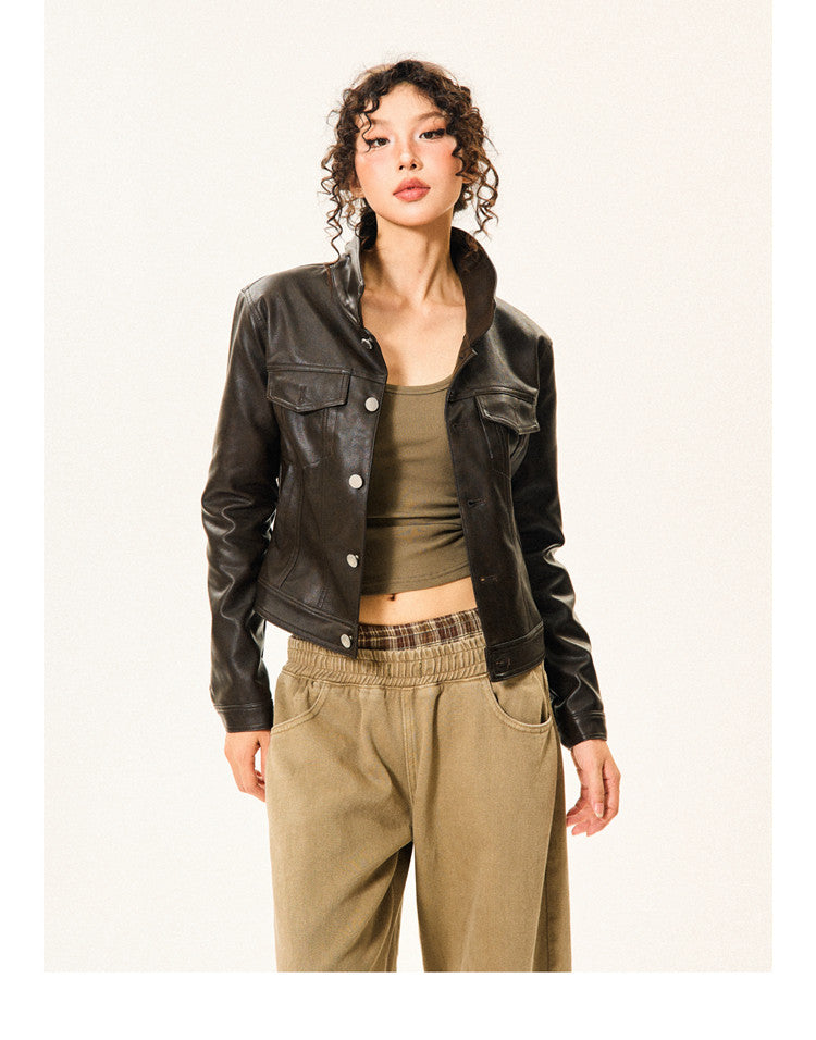 PU Leather Standing-Collar Short Jacket NA9334
