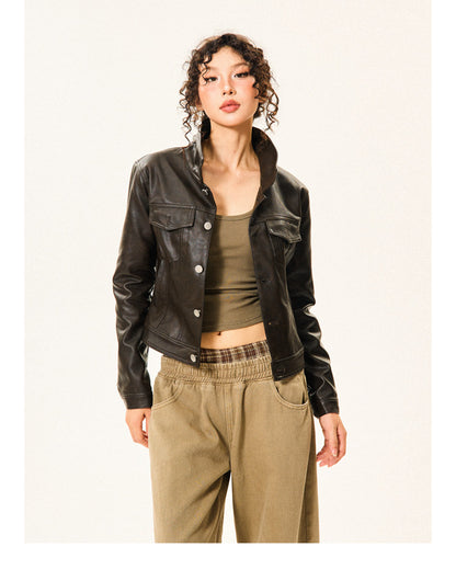 PU Leather Standing-Collar Short Jacket NA9334