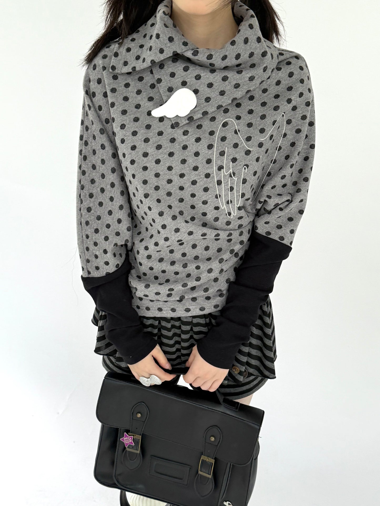 Asymmetric Polka Dot Fitted Long Sleeve T-Shirt NA9293