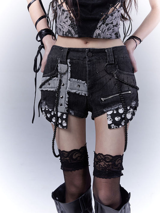 Design Rivet Print Low Waist Denim Short Pants NA8531
