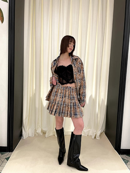 Checkered Washed Oversize Long Sleeve Shirt & Pleated Short Skirt Setup NA5985