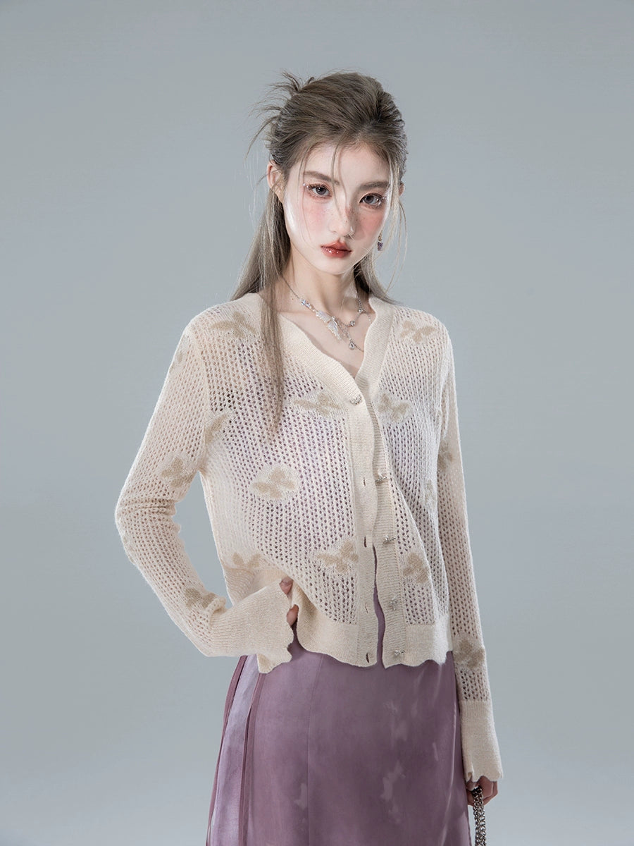 Butterfly Design Jacquard Mohair Blend Knit Cardigan NA5568