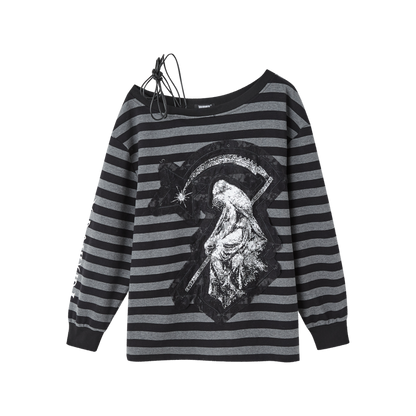 Off-Shoulder Drawstring Stripe Oversize Long Sleeve T-Shirt NA8885