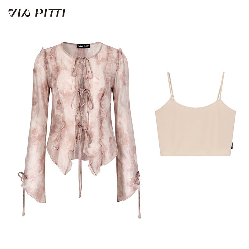 Tie Dye Pattern Shirt & Camisole & Ruffle Skirt Setup NA4740