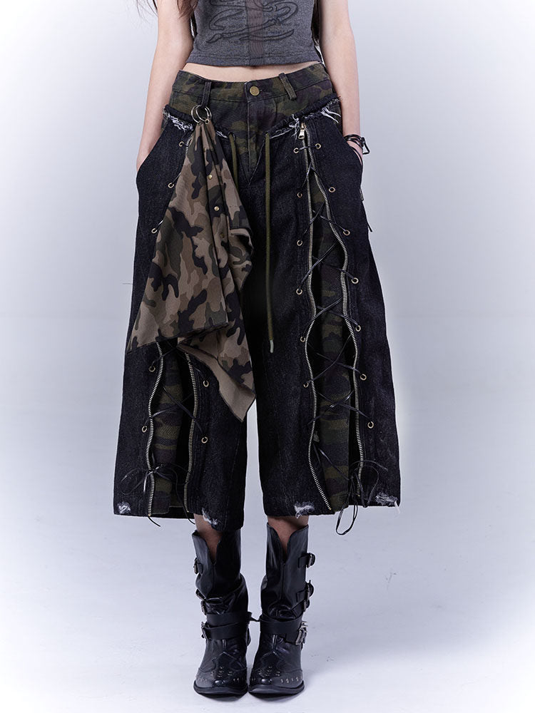 Camouflage Lace-Up Damage Cropped Denim Jeans & Scarf Set NA8541