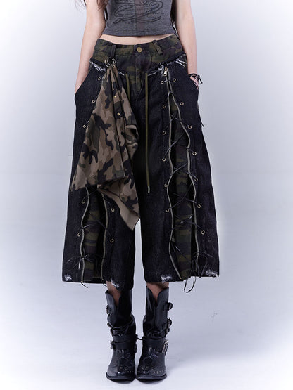 Camouflage Lace-Up Damage Cropped Denim Jeans & Scarf Set NA8541