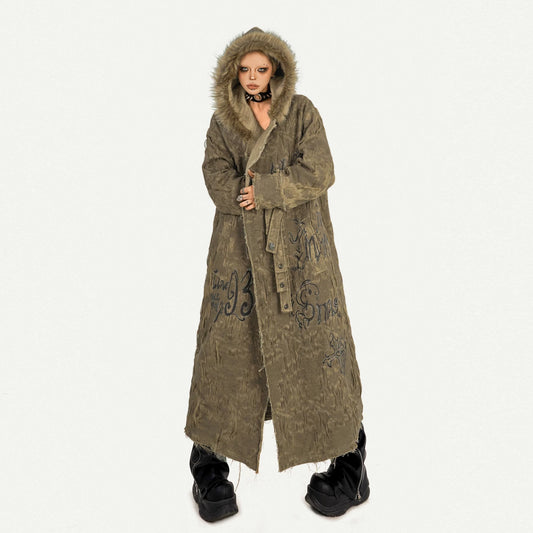 Heavy Craft Oversize Hooded Fur Collar Mid-Length Trench Coat NA8566