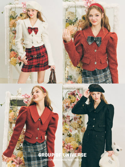 Cropped Bubble Sleeves Wool Jacket & Bow NA5907