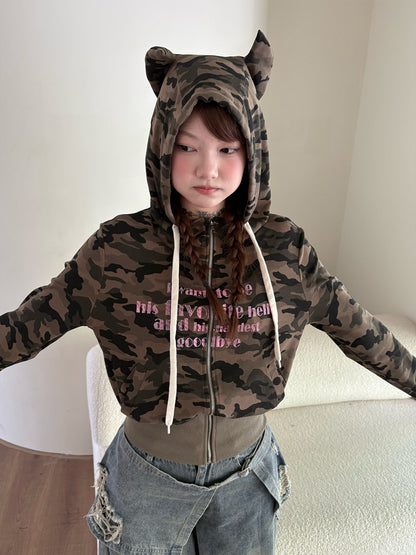 Devil Horn Hooded Print Zipper Hoodie NA9254