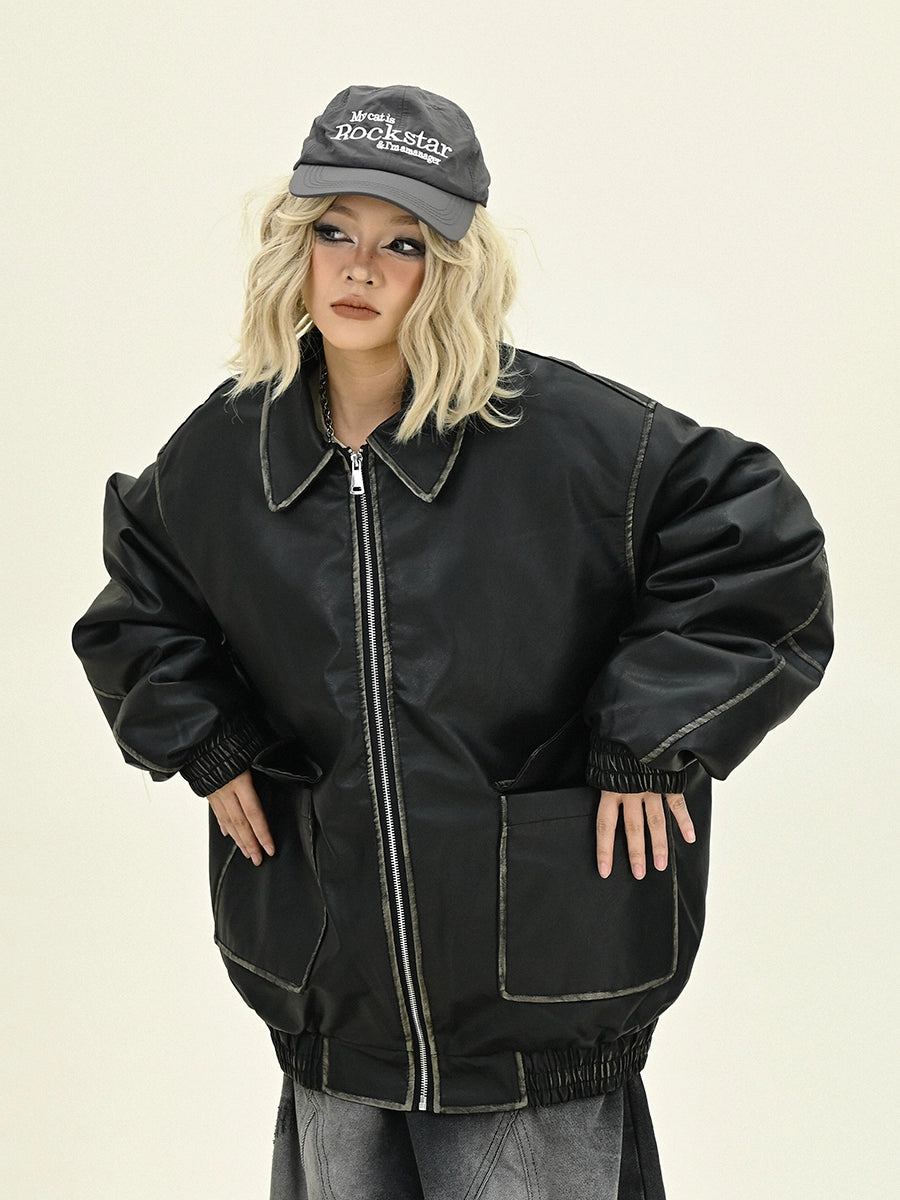 Oversize PU Leather Pocket Puffer Jacket NA6199