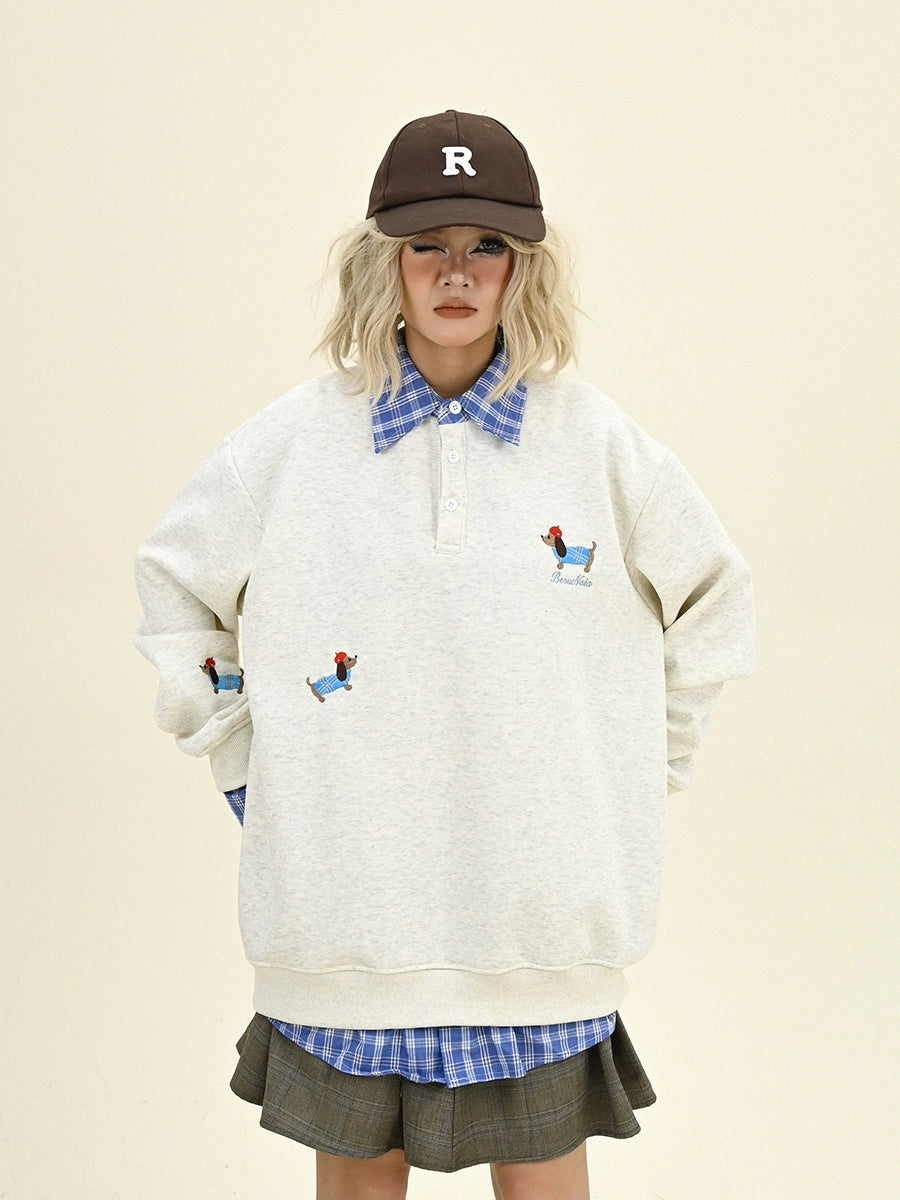 Fake Layered Dog Embroidery Sweatshirt NA6283