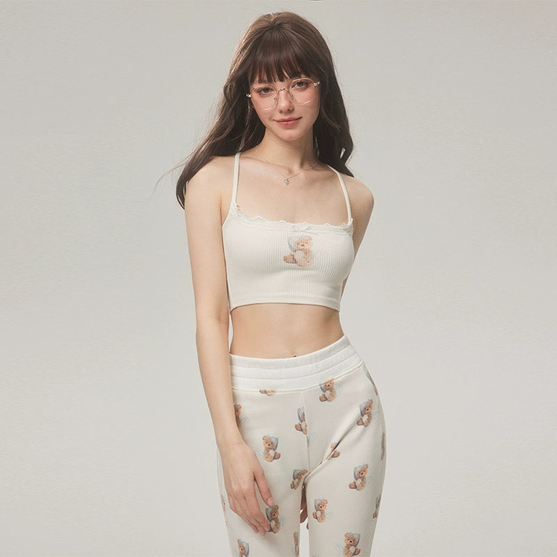 Bear Print Cropped Camisole & Camisole & Shorts & Micro Flare Pants & Short Sleeve T-Shirt Setup NA4108