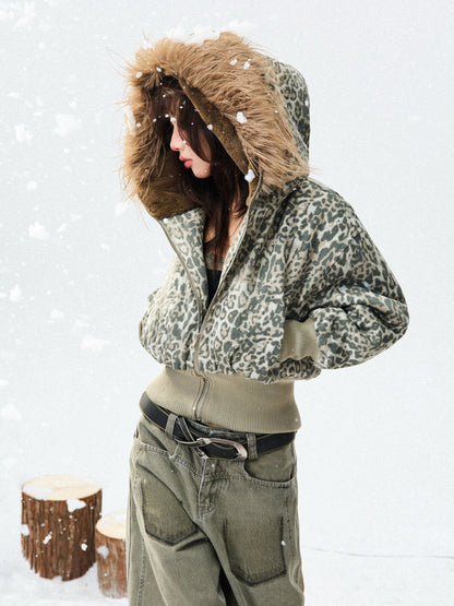 Leopard Print Fur-Trim Hood Puffer Jacket NA9416