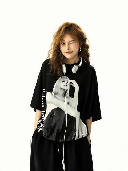 Portrait Print Short Sleeve Oversize T-shirt NA3183