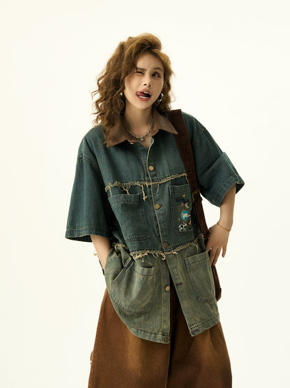 Patchwork Denim Short Sleeve Shirt NA3132