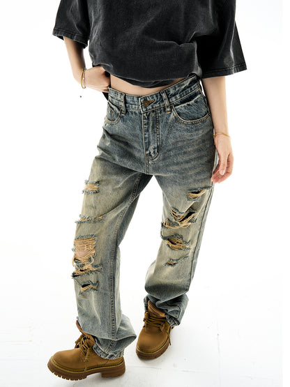 Yellow Mud Dyed Damaged Wide-Leg Straight Denim Jeans NA3128