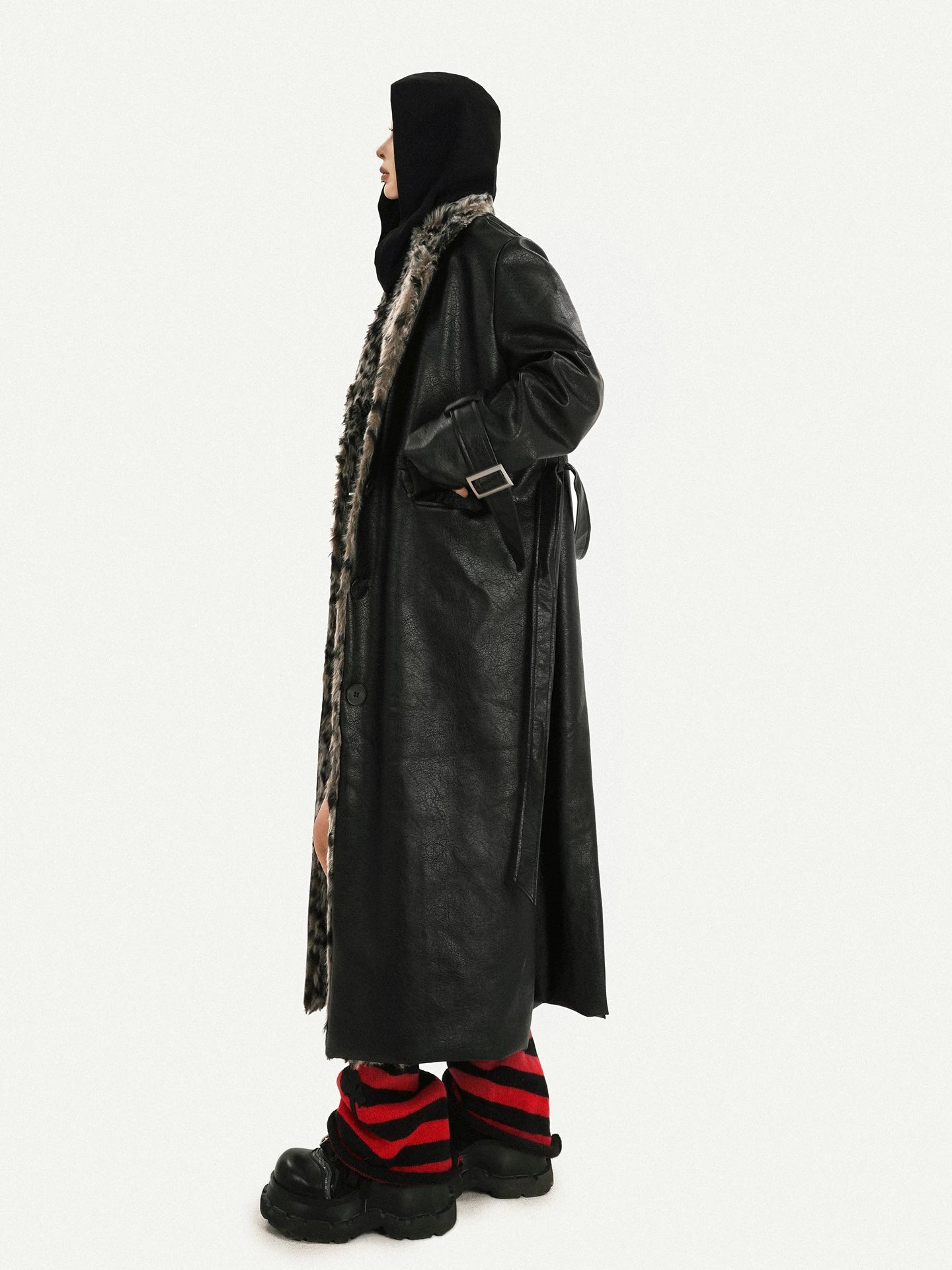 NA8564 Milk Cool Mo Li American retro black long leather jacket female leopard print fur integrated loose fur collar coat NA8564