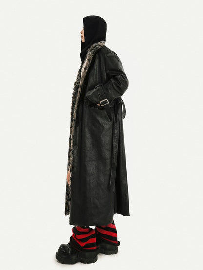 NA8564 Milk Cool Mo Li American retro black long leather jacket female leopard print fur integrated loose fur collar coat NA8564