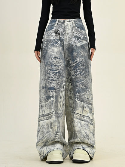 Oversize Keychain Print Wide-Leg Denim Jeans NA6292