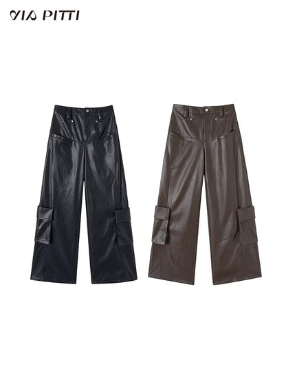 PU Leather Wide-Leg Straight Cargo Pants NA4754