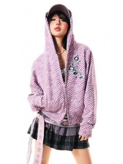 Zebra Print Graphic Zip-Up Hoodie NA9395