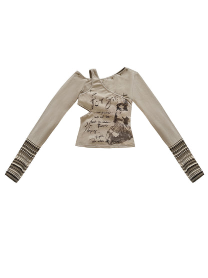 Off-Shoulder Patchwork Print Long Sleeve Knit T-Shirt NA8557