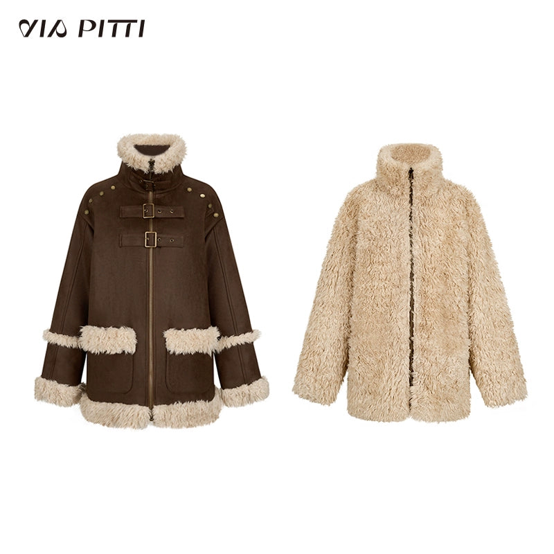 Stand Neck Reversible Furry & Suede Jacket NA4835