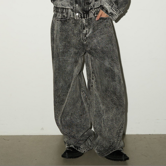 Acid Wash Zipper Elastic Hem Jacket & Wide Leg Denim Jeans Setup NA9031