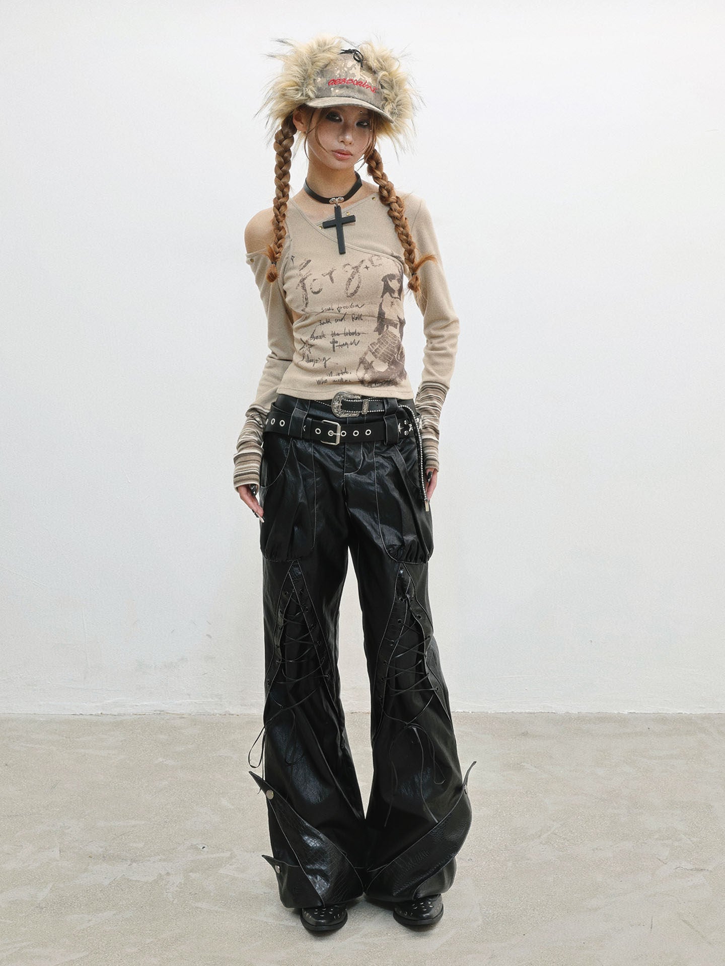 Original Design Lace-Up Double Waistband Structural PU Leather Pants NA8560