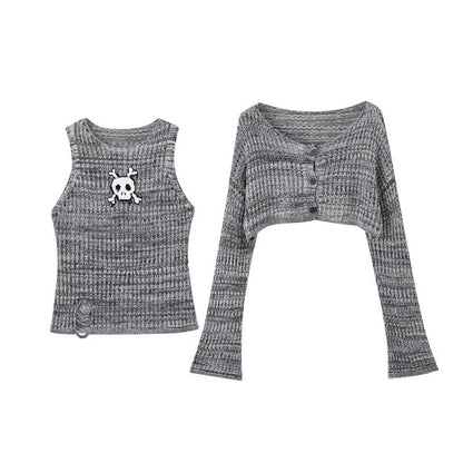 Damage Knit Cardigan & Skull Damage Vest Set NA8887