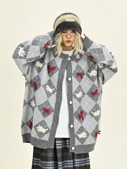 3D Bow Argyle Pattern Knit Cardigan NA6208