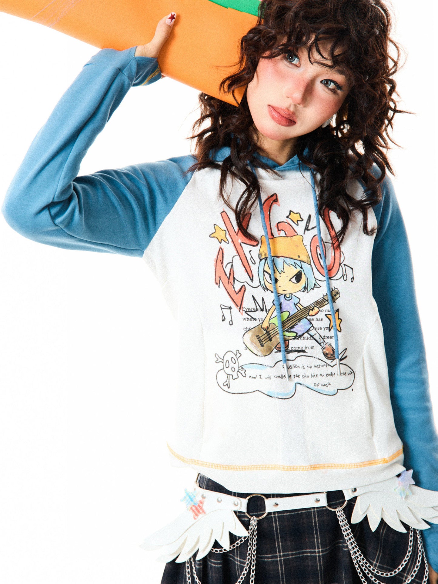 Illustration Print Raglan Sleeve Oversize Hoodie NA9385