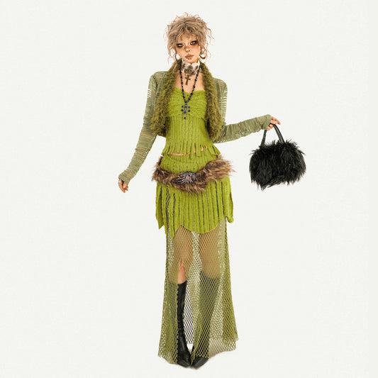 Fake Fur Patchwork Mesh Knit Cardigan & Tube Top & Mesh Long Skirt Setup NA8610