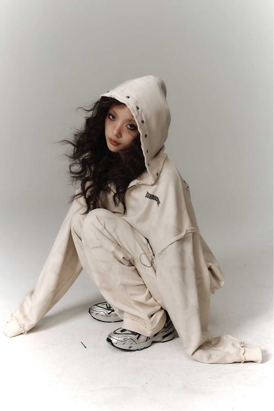 Washed Damage Oversize Zipper Hoodie & Short Skirt & Wide Leg Pants Setup NA8911
