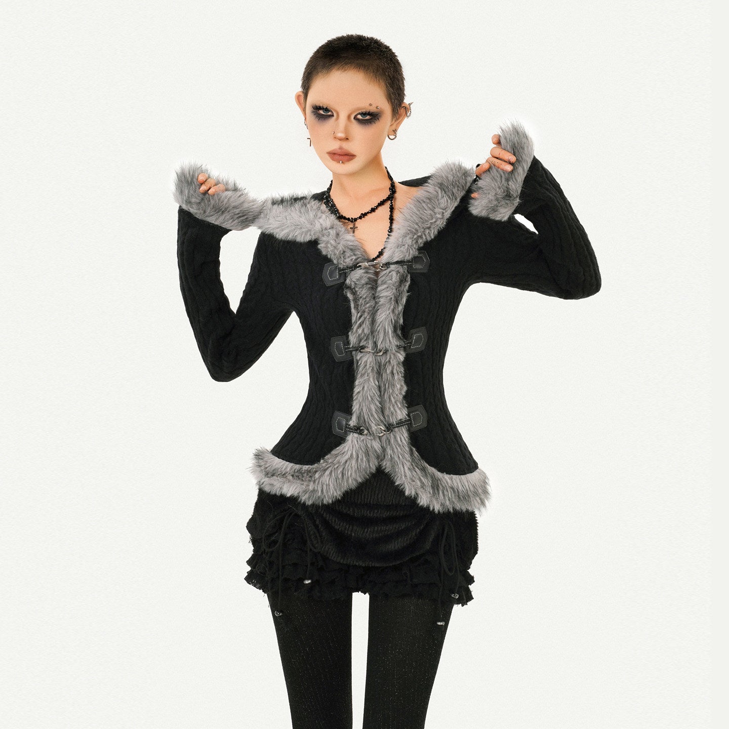 Hooded Fur Collar Fitted Knit Cardigan NA8594