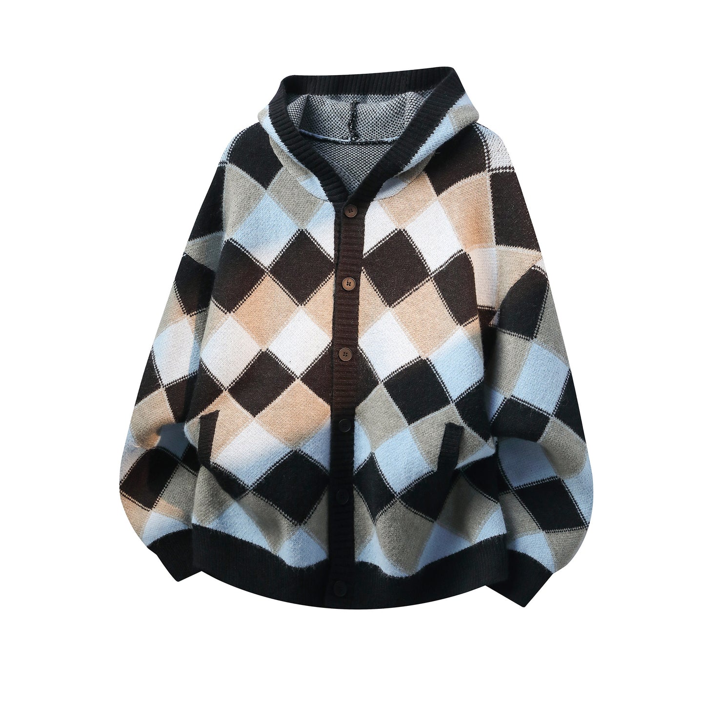 Heavyweight Diamond Pattern Oversize Hooded Knit Cardigan & Knit Sweater NA8871