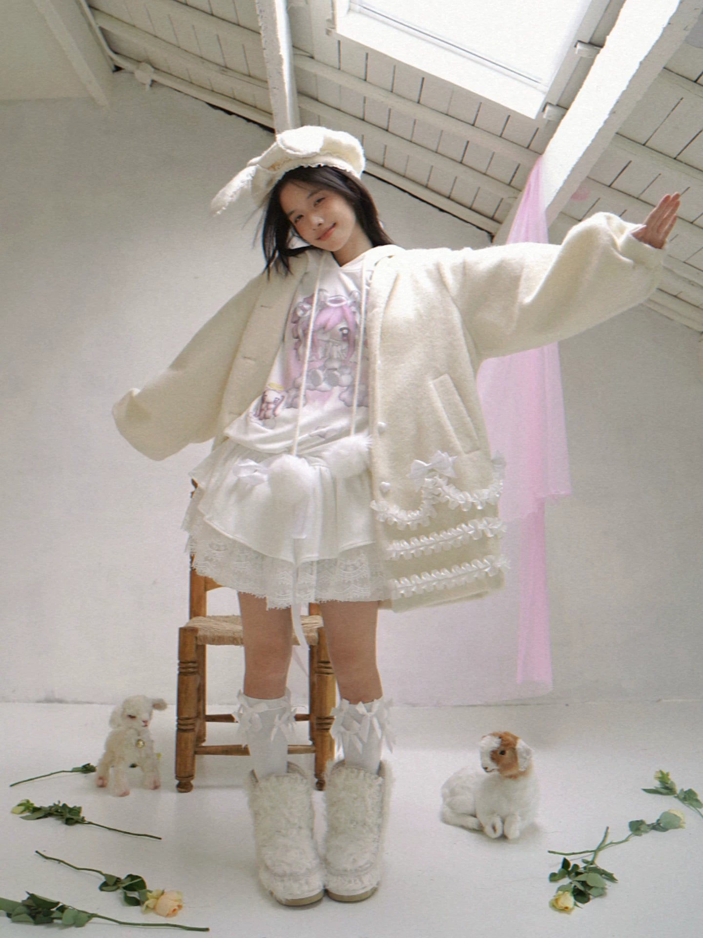 Lace Bow Puff Sleeve Wool Coat NA8270