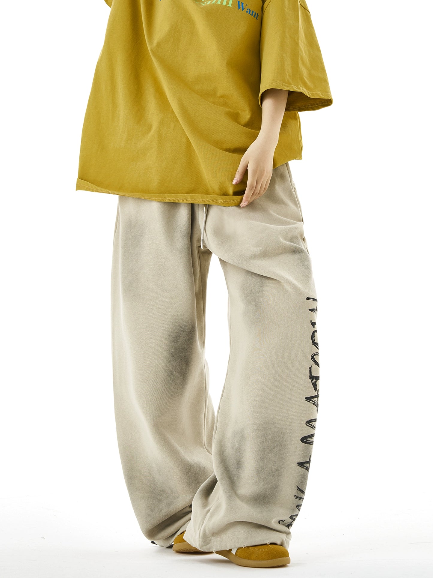 Washed Letter Print Wide Leg Sweatpants NA3074