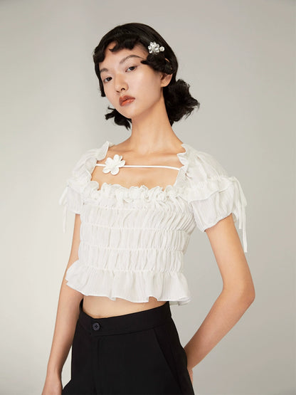 Cropped Ruched Ruffle Short Sleeve Shirt NA5344